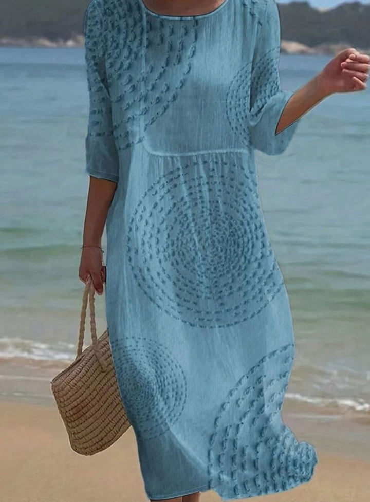 Women's Casual Loose Midi Dress Crew-Neck Textured 3/4 Sleeve