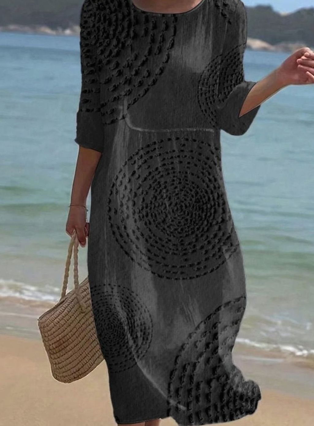Women's Casual Loose Midi Dress Crew-Neck Textured 3/4 Sleeve