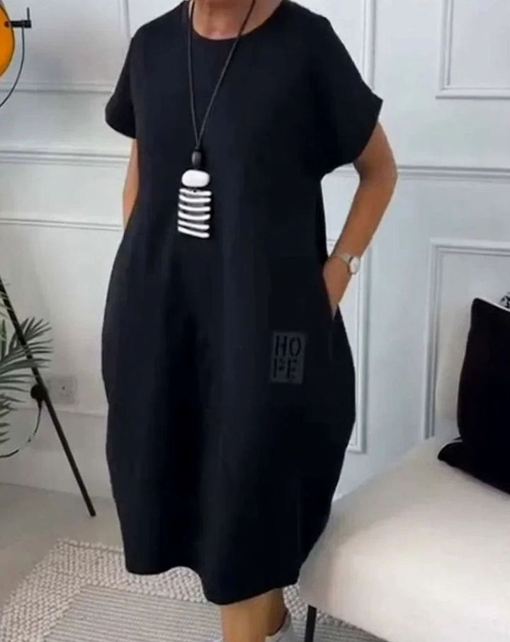 Women's Casual Loose Short-Sleeve Pocketed Midi Dress