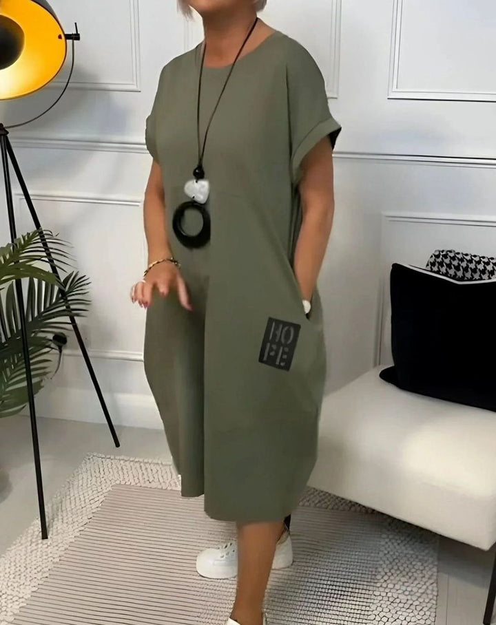 Women's Casual Loose Short-Sleeve Pocketed Midi Dress