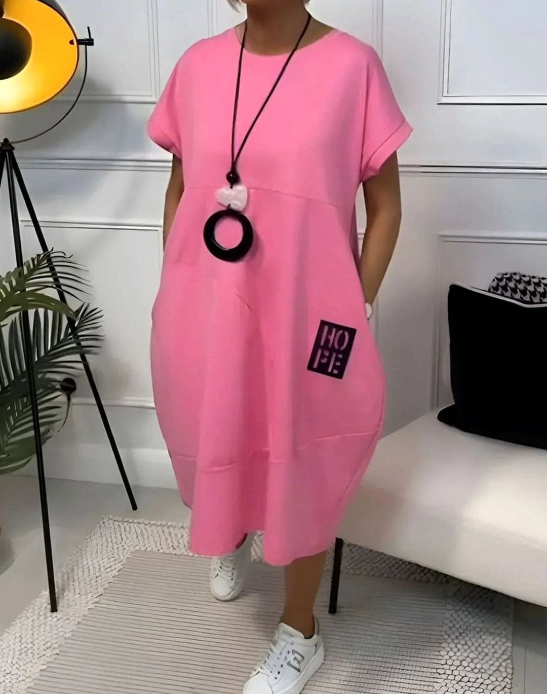 Women's Casual Loose Short-Sleeve Pocketed Midi Dress