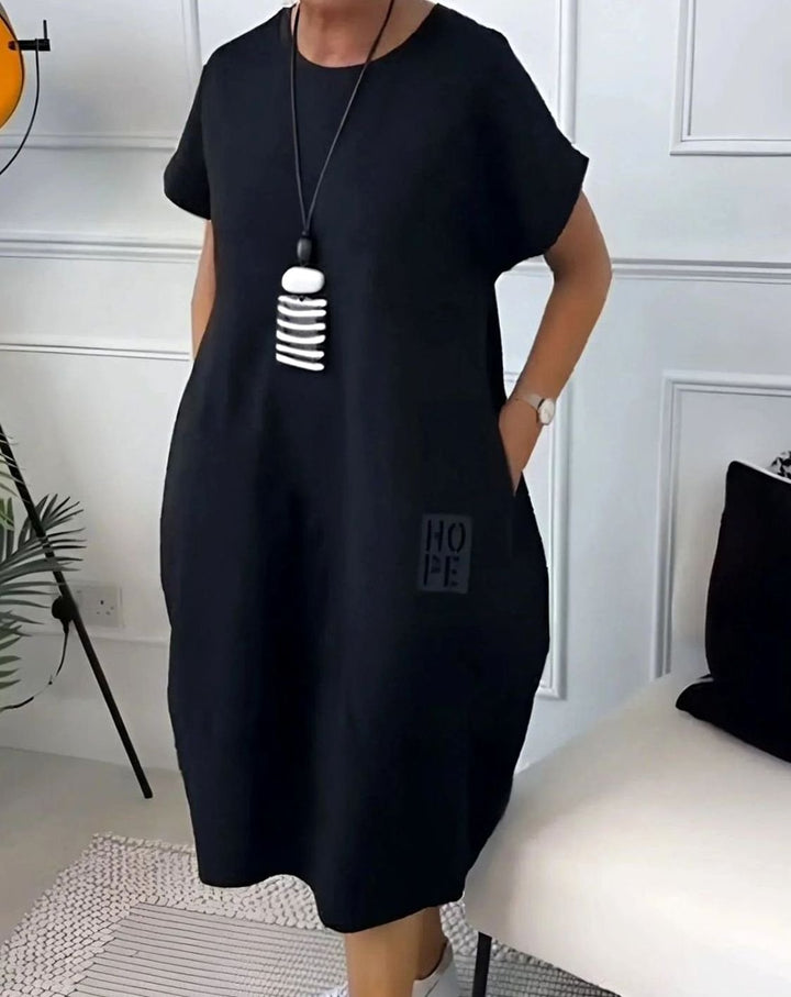 Women's Casual Loose Short-Sleeve Pocketed Midi Dress