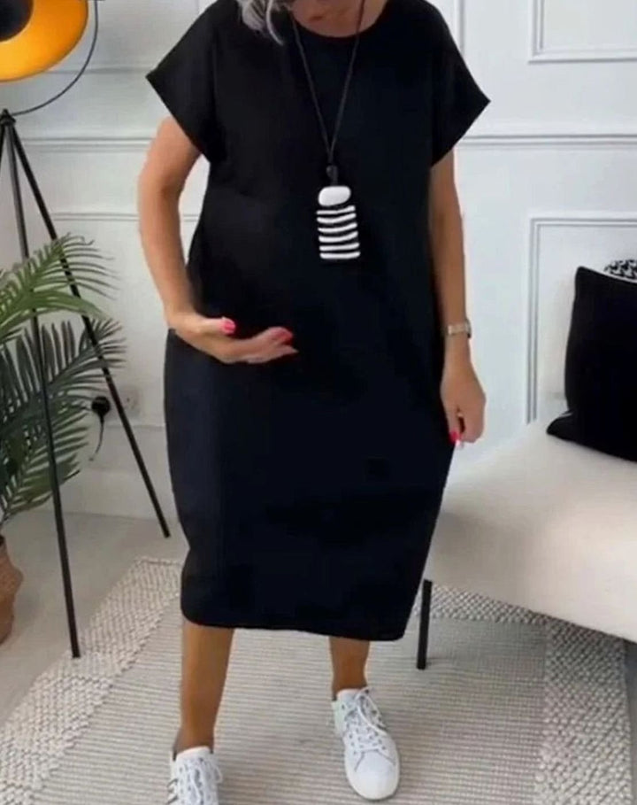 Women's Casual Loose Short-Sleeve Pocketed Midi Dress