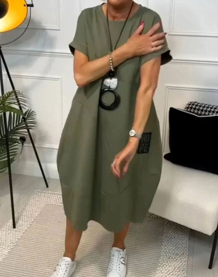Women's Casual Loose Short-Sleeve Pocketed Midi Dress