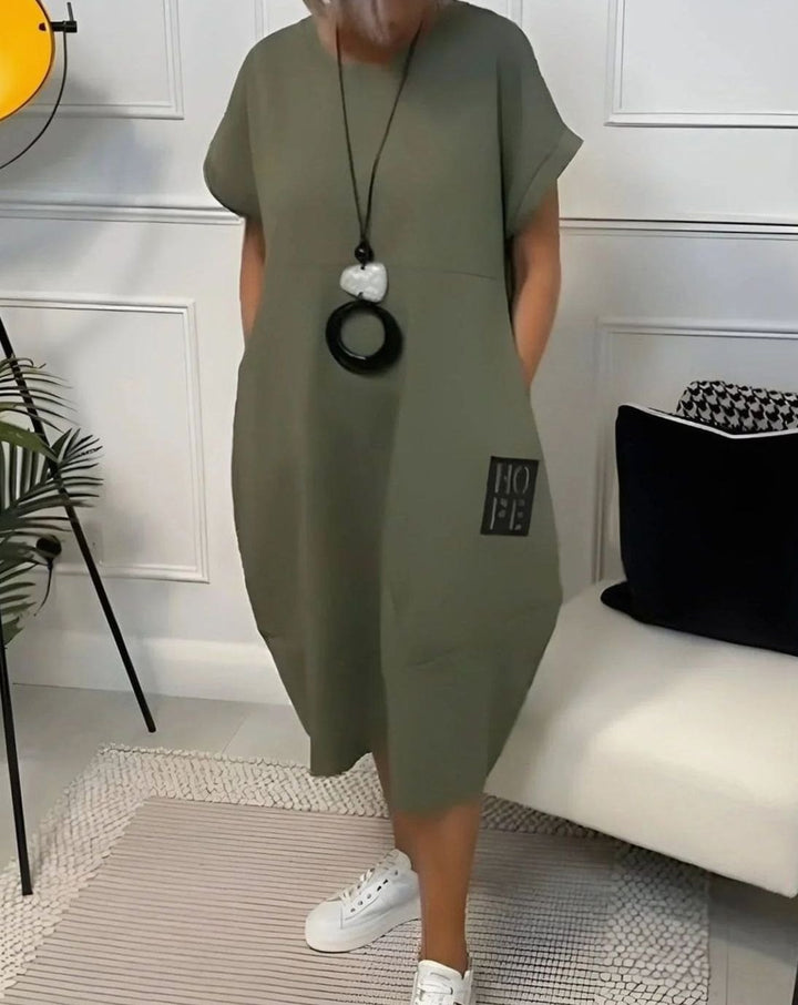 Women's Casual Loose Short-Sleeve Pocketed Midi Dress, Black