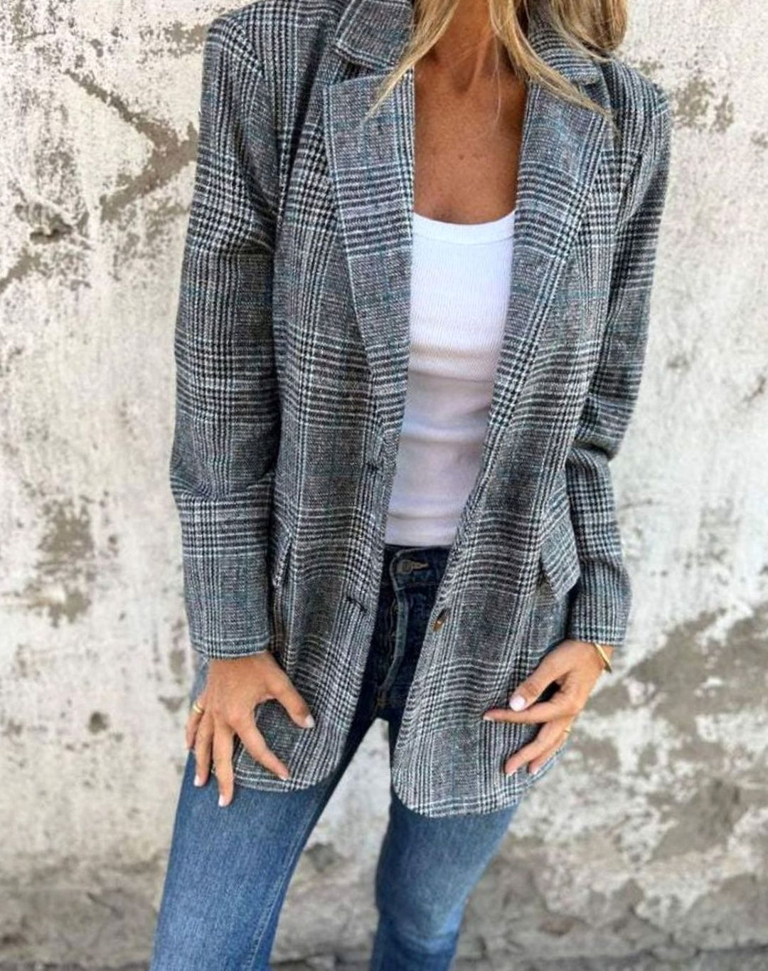 Women's Checked Notch-Collar Button-Front Longline Blazer