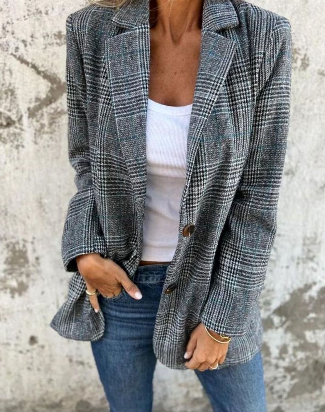 Women's Checked Notch-Collar Button-Front Longline Blazer