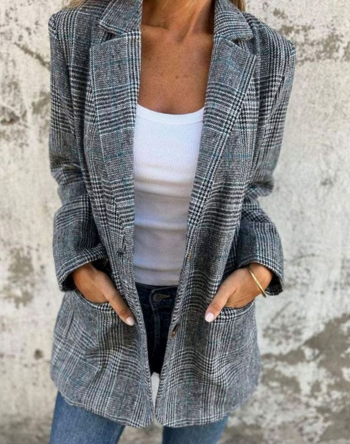 Women's Checked Notch-Collar Button-Front Longline Blazer - Blue