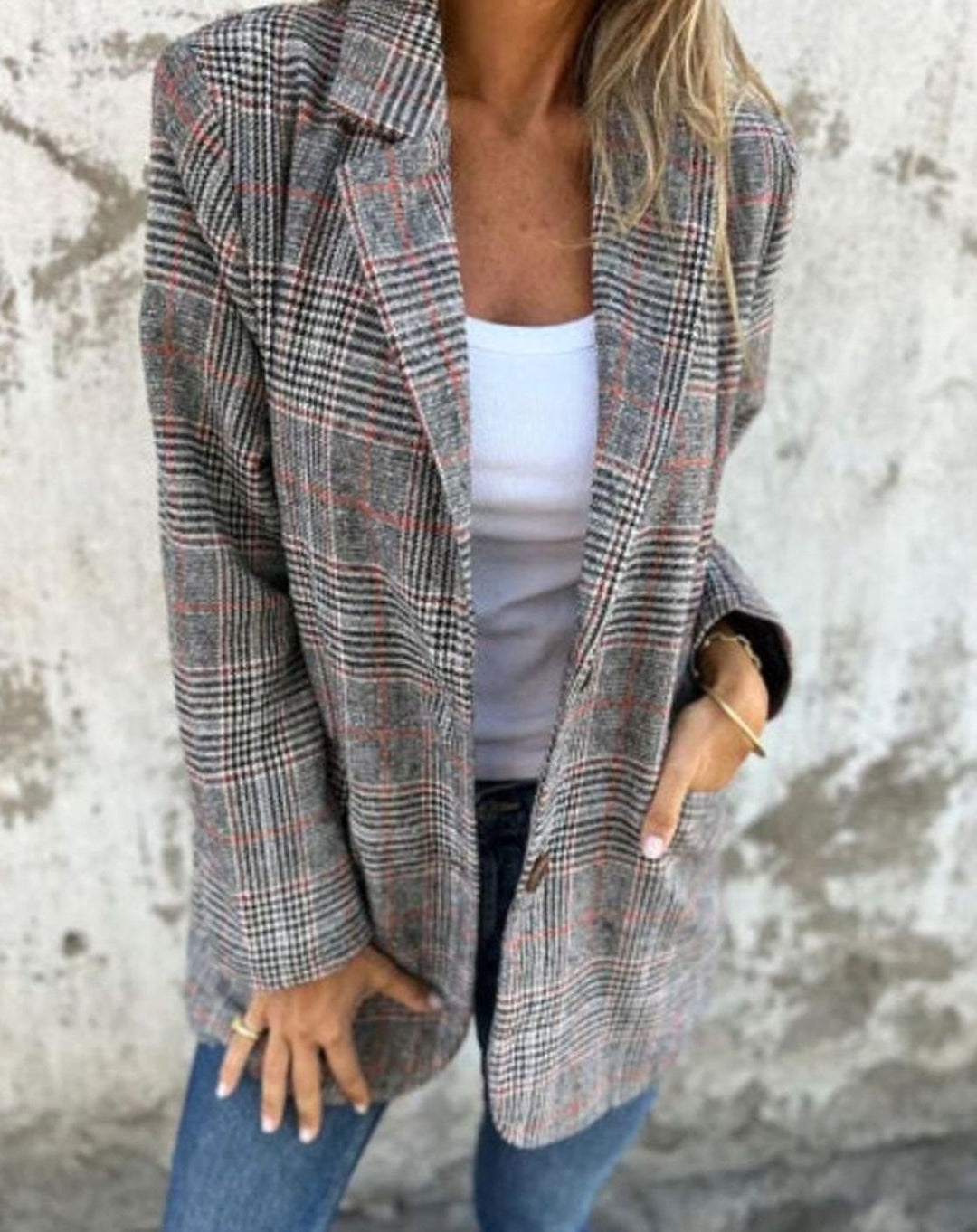 Women's Checked Notch-Collar Button-Front Longline Blazer - Red