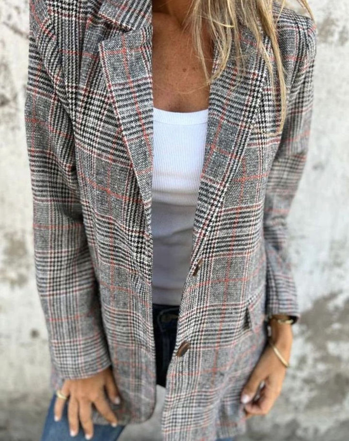 Women's Checked Notch-Collar Button-Front Longline Blazer