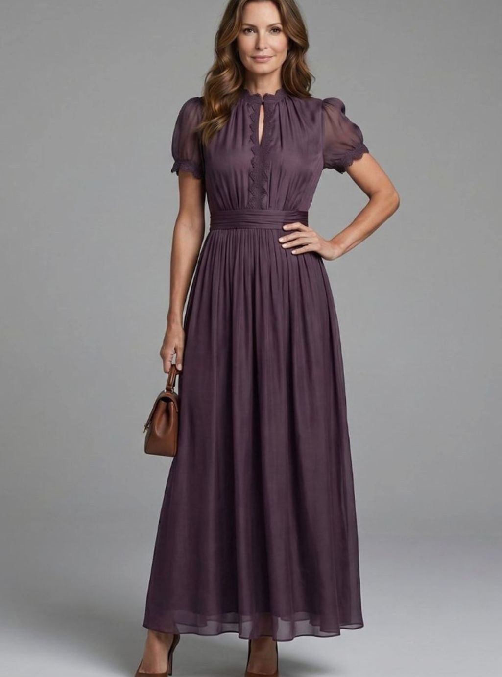 Women's Chiffon Keyhole Maxi Dress Gathered Waist Puff Sleeves