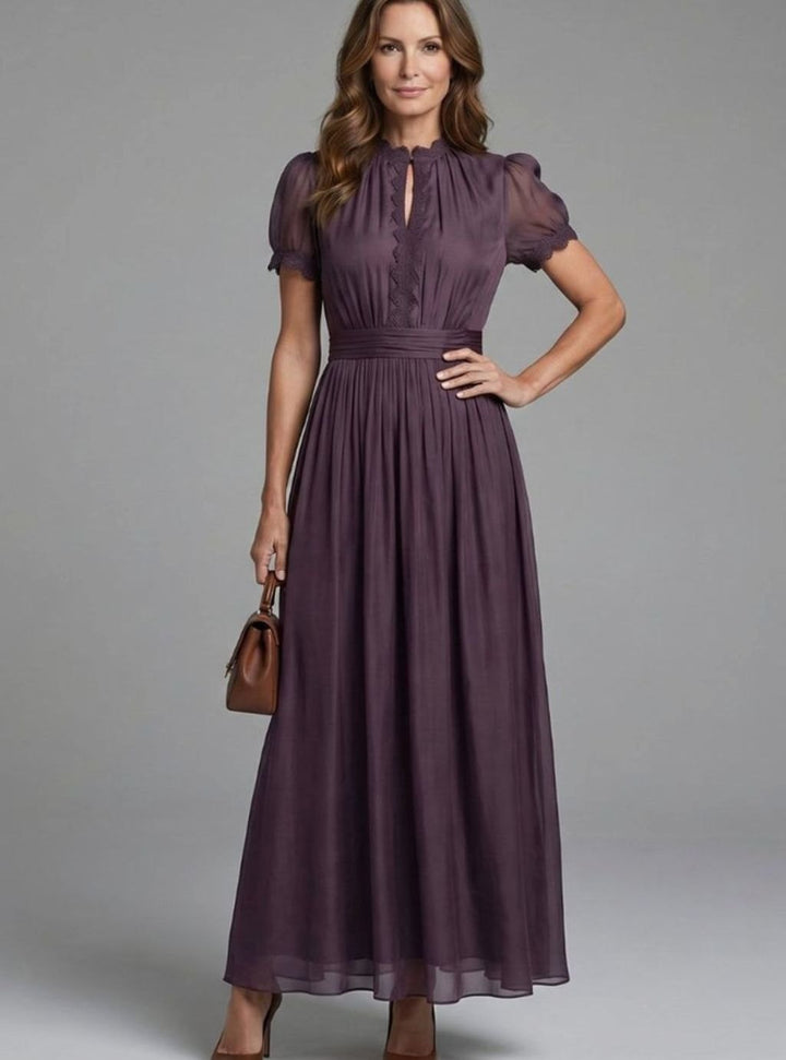 Women's Chiffon Keyhole Maxi Dress Gathered Waist Puff Sleeves