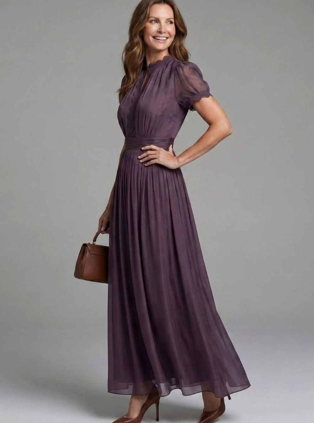 Women's Chiffon Keyhole Maxi Dress Gathered Waist Puff Sleeve