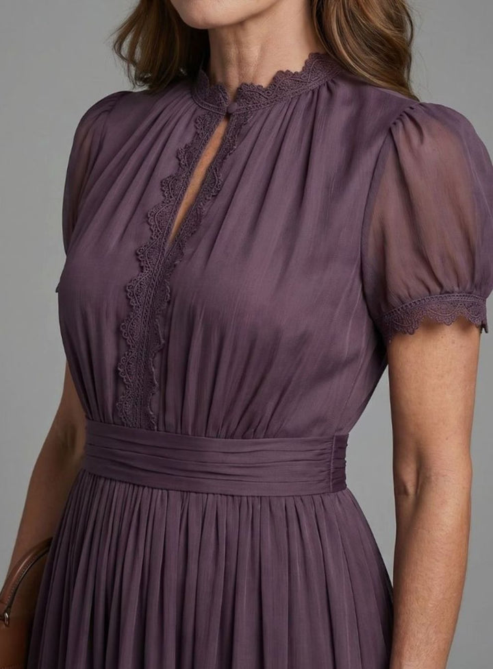 Women's Chiffon Keyhole Maxi Dress Gathered Waist Puff Sleeves