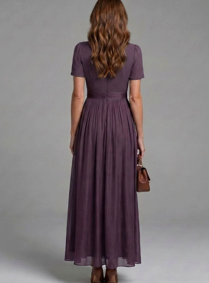 Women's Chiffon Keyhole Maxi Dress Gathered Waist Puff Sleeves