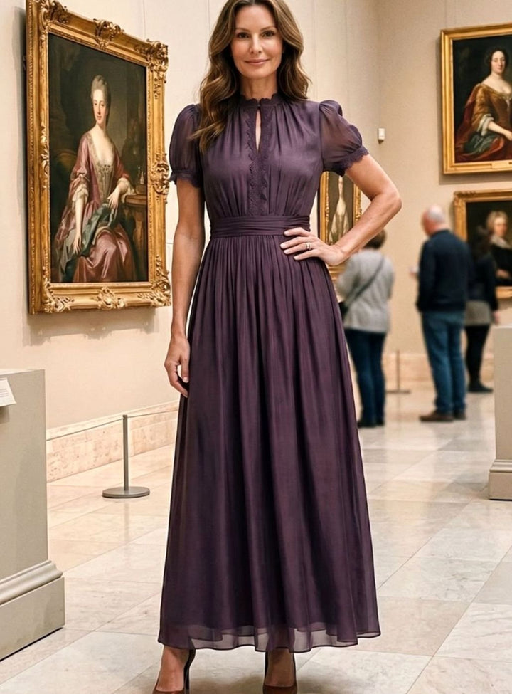 Women's Chiffon Keyhole Maxi Dress Gathered Waist Puff Sleeves