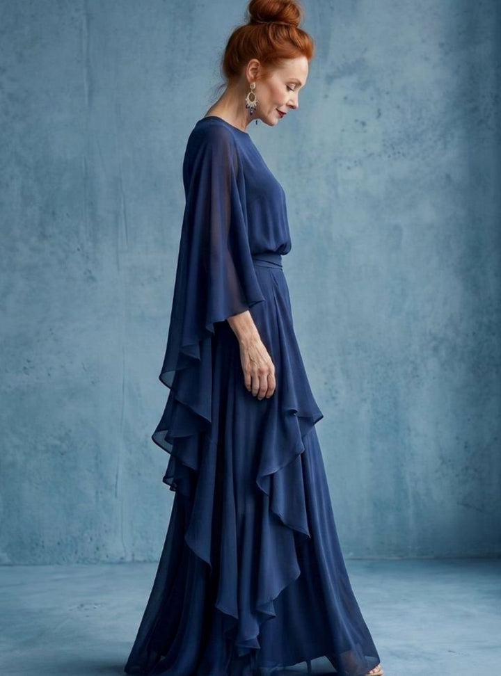 Women's Chiffon Layered-Sleeve Drape-Waist Midi Dress