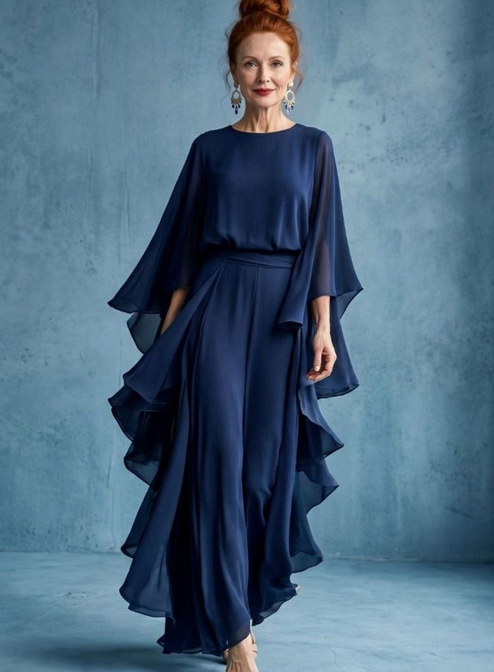 Women's Chiffon Layered-Sleeve Drape-Waist Midi Party Dress