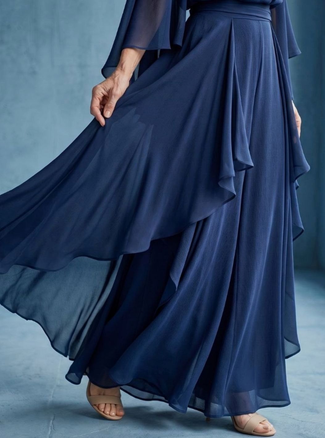 Women's Chiffon Layered-Sleeve Drape-Waist Midi Party Dress