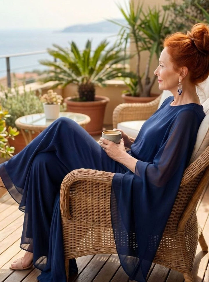 Women's Chiffon Layered-Sleeve Drape-Waist Midi Party Dress