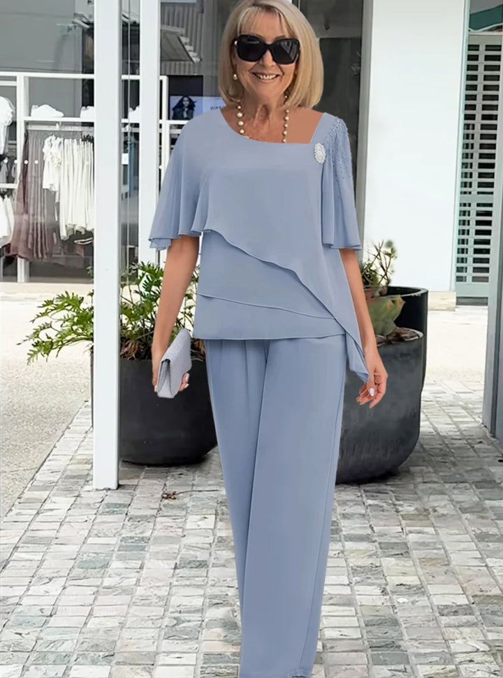Women's Chiffon Wide-Sleeve Layered Top Straight-Leg Trouser Two-Piece Set - Light Blue