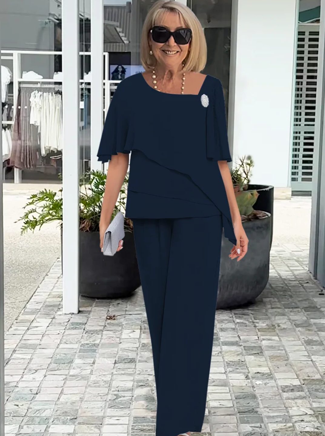 Women's Chiffon Wide-Sleeve Layered Top Straight-Leg Trouser Two-Piece Set - Navy Blue