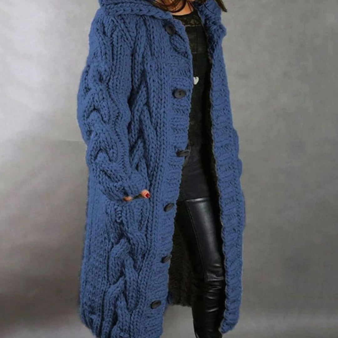 Women's Chunky Cable-Knit Hooded Button-Front Longline Cardigan Coat - Blue