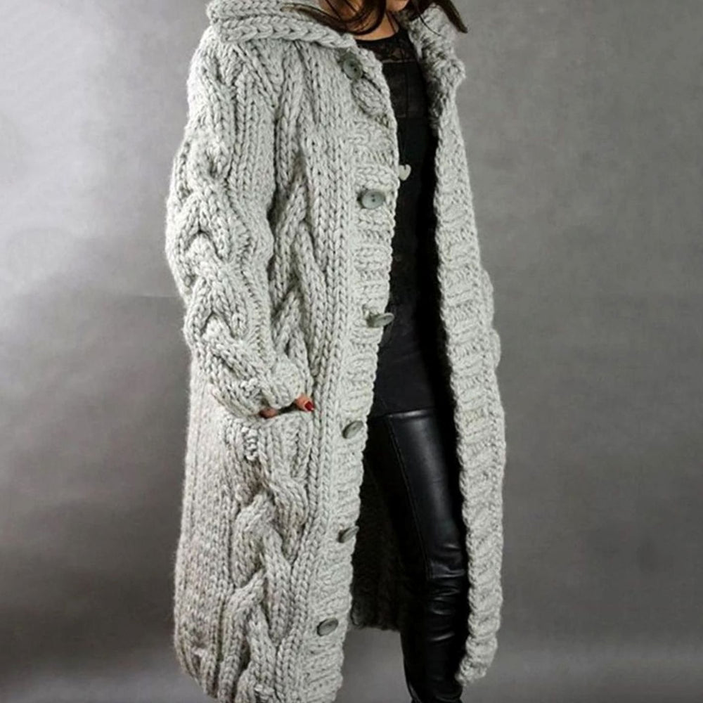 Women's Chunky Cable-Knit Hooded Button-Front Longline Cardigan Coat - Silver Grey