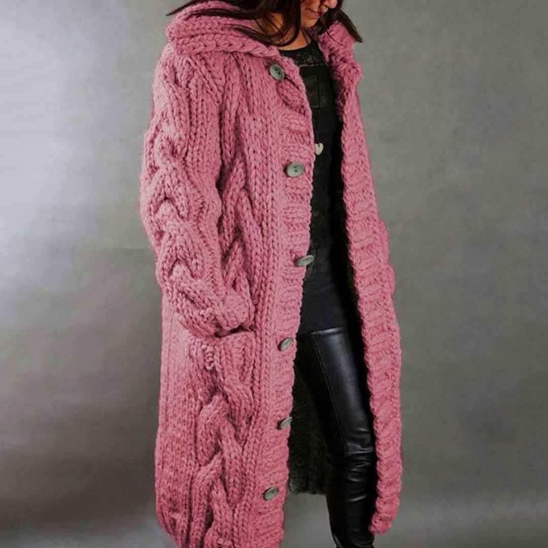Women's Chunky Cable-Knit Hooded Button-Front Longline Cardigan Coat - Pink