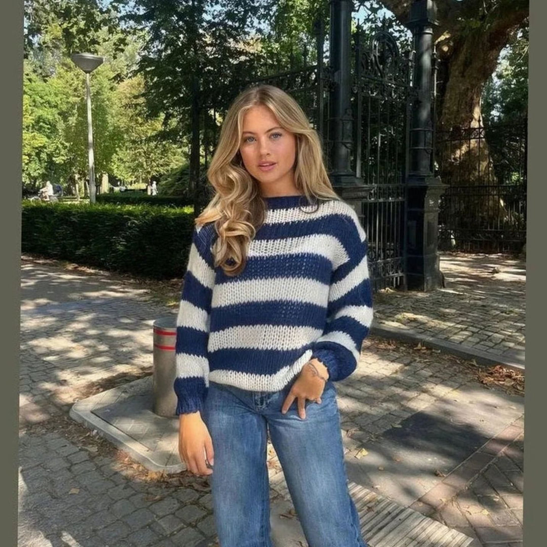 Women's Chunky Knit Striped Relaxed Crew Neck Jumper