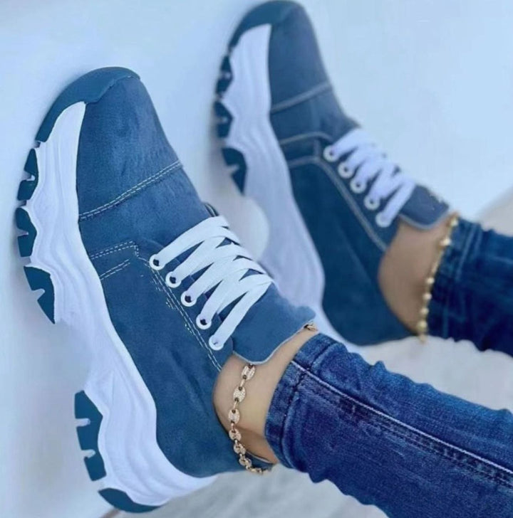 Women's Chunky Lace-Up Casual Walking Trainers - Blue