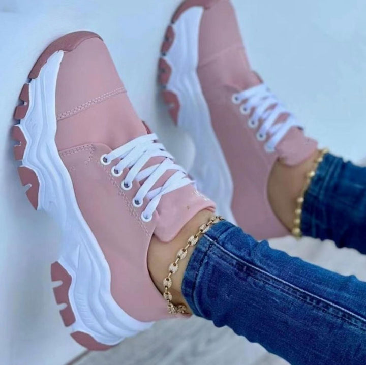 Women's Chunky Lace-Up Casual Walking Trainers - Pink