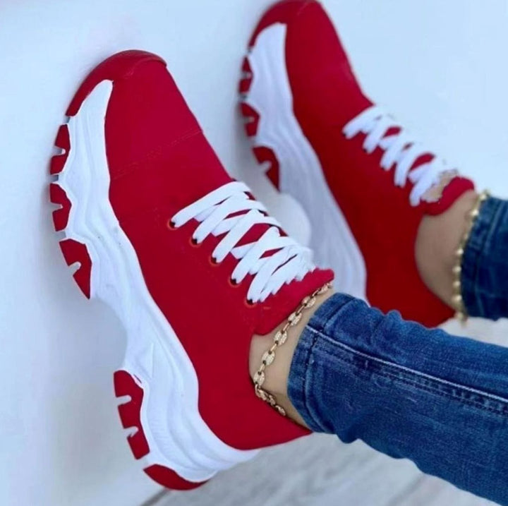 Women's Chunky Lace-Up Casual Walking Trainers - Red