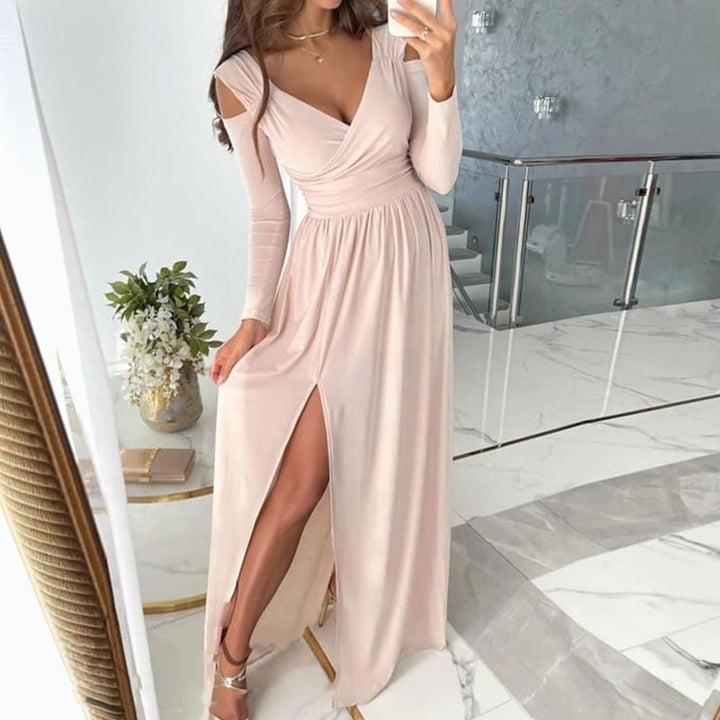 Women's Cold-Shoulder V-Neck Ruched Maxi Dress High Slit - Pink