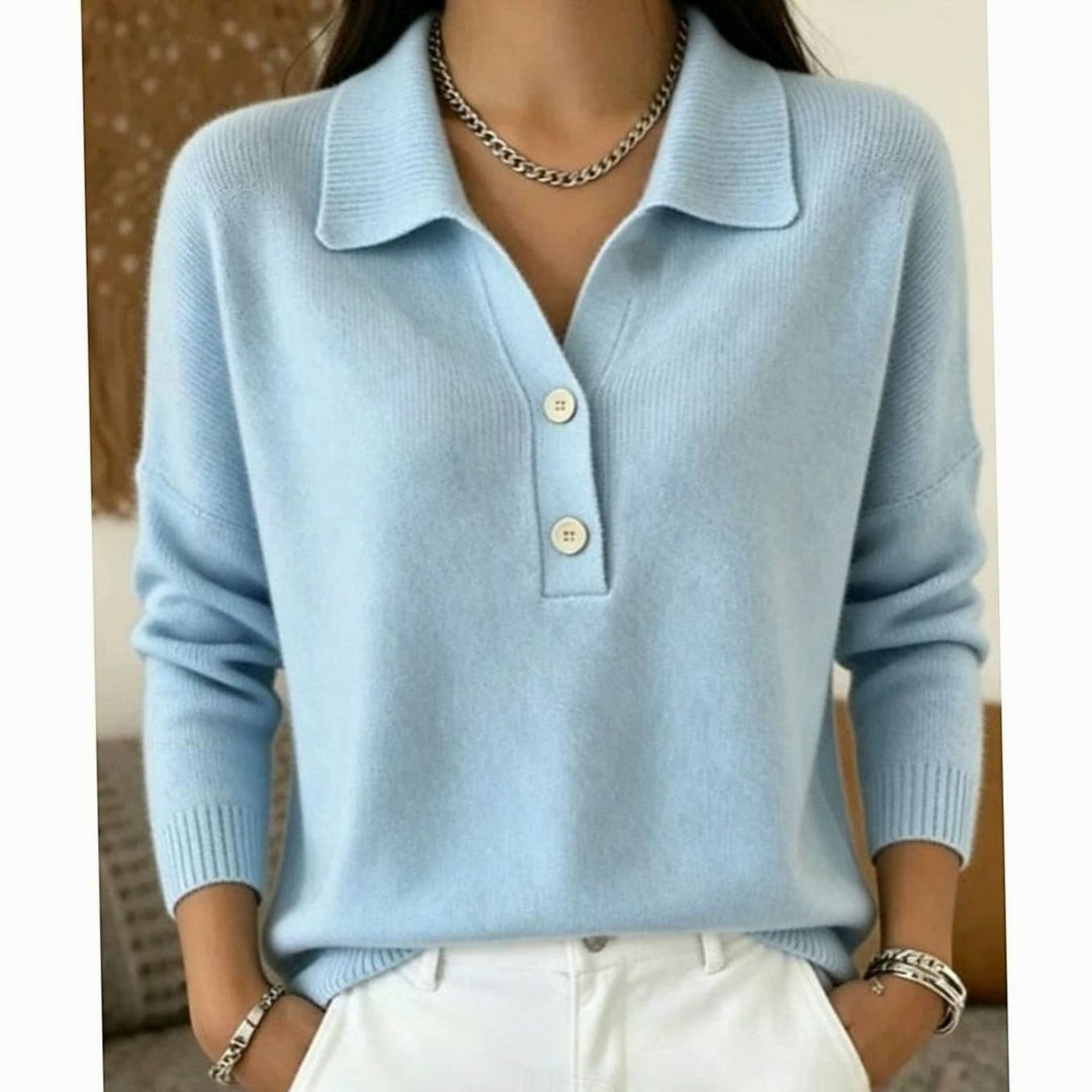 Women's Collared Button-Placket Knit Pullover Jumper - Blue