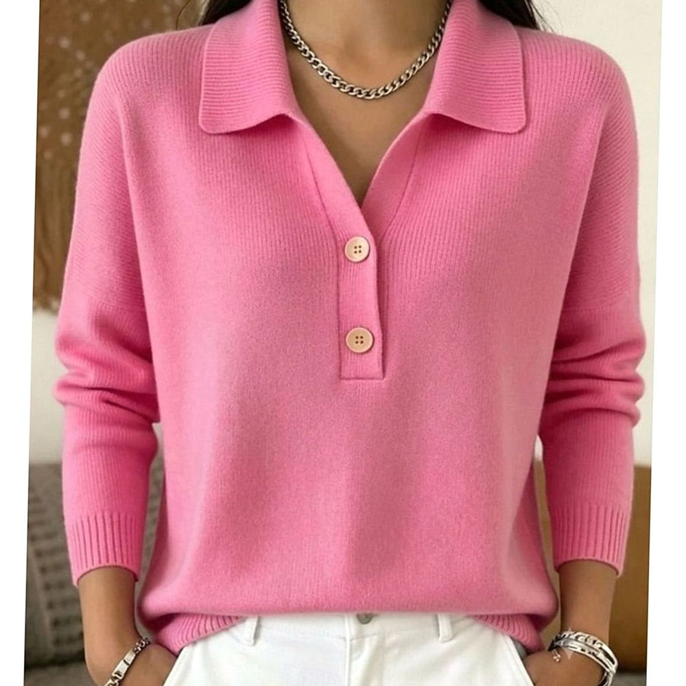 Women's Collared Button-Placket Knit Pullover Jumper - Pink