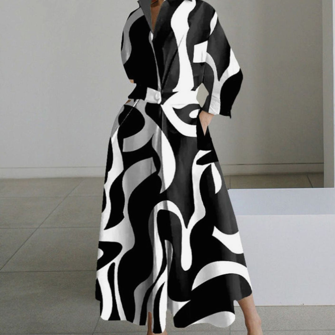 Women's Collared Maxi Shirt Dress Long Sleeve Wrap - Black Stripe