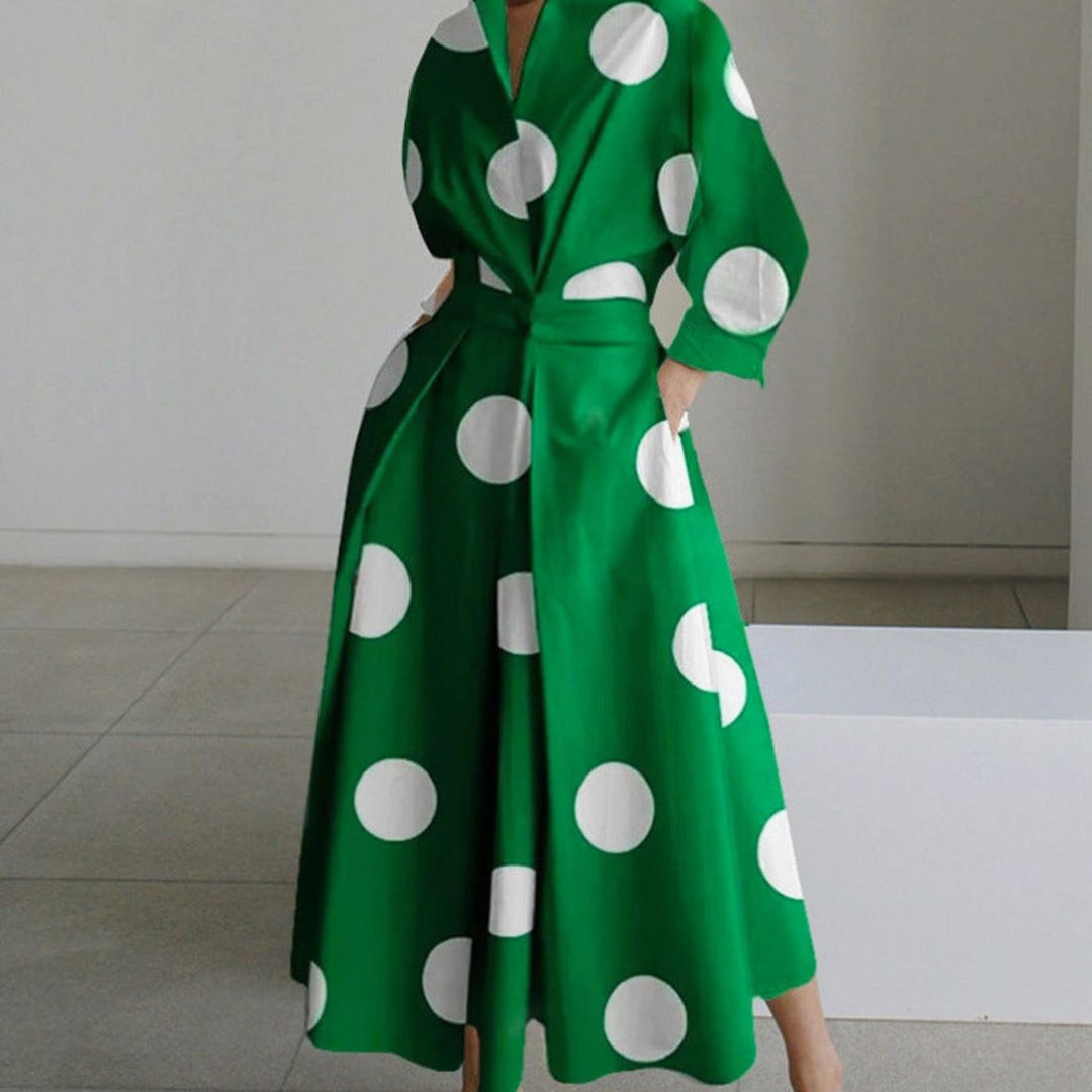 Women's Collared Maxi Shirt Dress Long Sleeve Wrap - Green Polka Dot