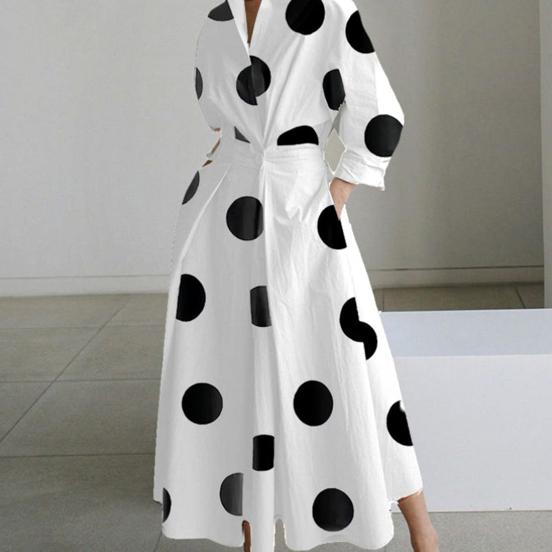 Women's Collared Maxi Shirt Dress Long Sleeve Wrap - White Polka Dot