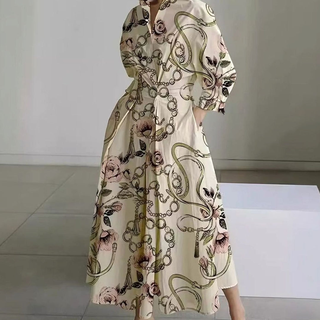 Women's Collared Maxi Shirt Dress Long Sleeve Wrap - Gold Chain Print