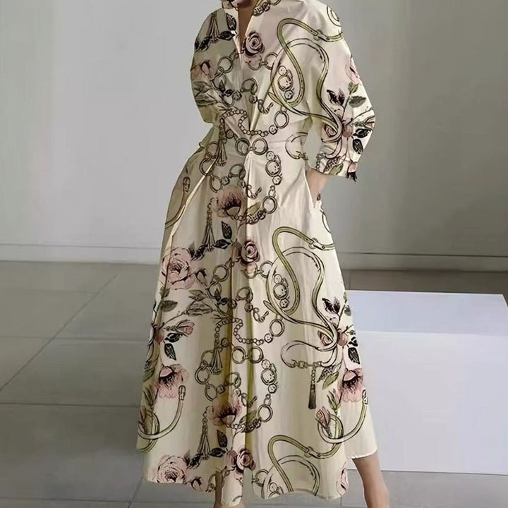 Women's Collared Maxi Shirt Dress Long Sleeve Wrap - Gold Chain Print