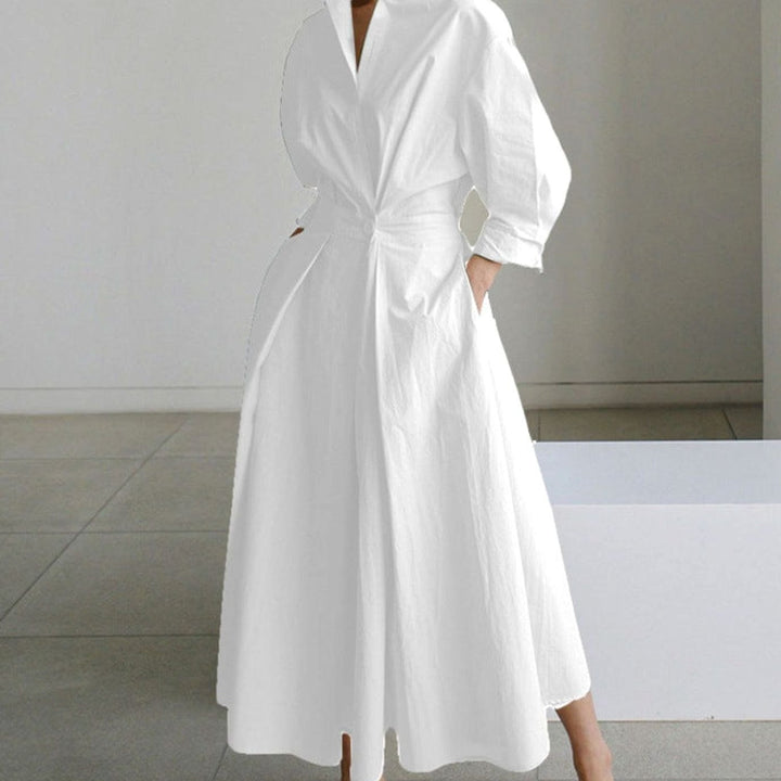 Women's Collared Maxi Shirt Dress Long Sleeve Wrap - White
