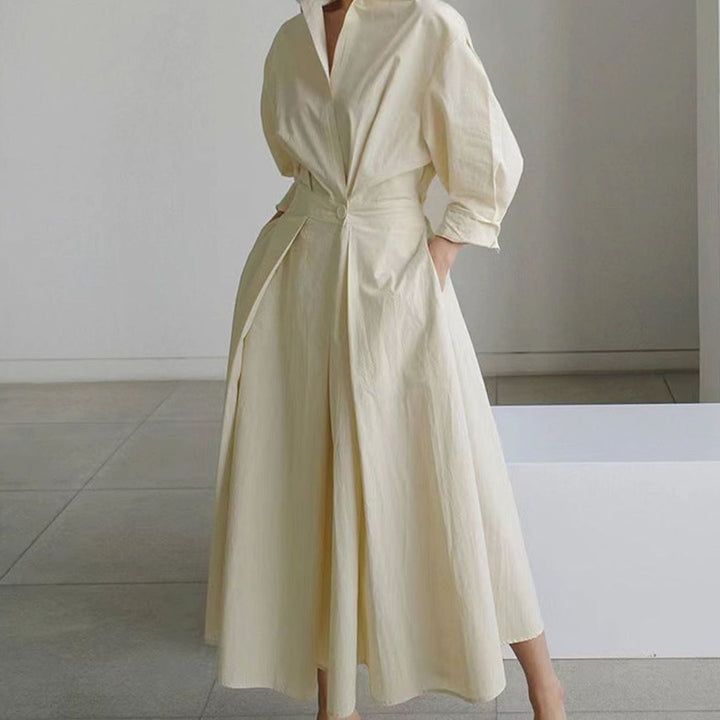 Women's Collared Maxi Shirt Dress Long Sleeve Wrap - Apricot