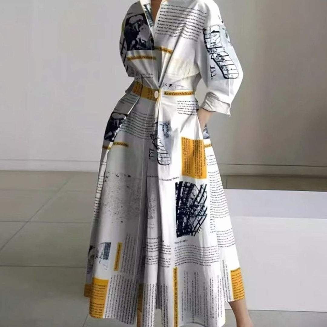 Women's Collared Maxi Shirt Dress Long Sleeve Wrap - Yellow Newspaper Print
