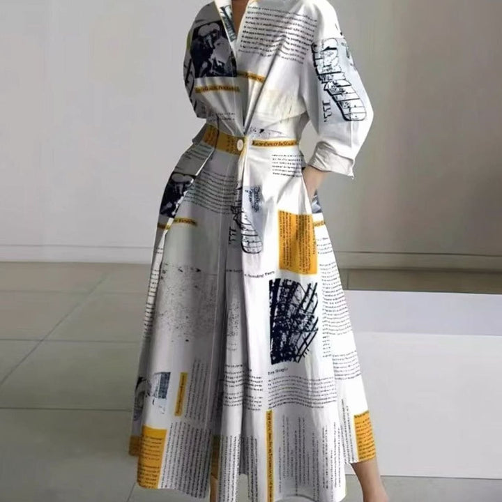 Women's Collared Maxi Shirt Dress Long Sleeve Wrap - Yellow Newspaper Print