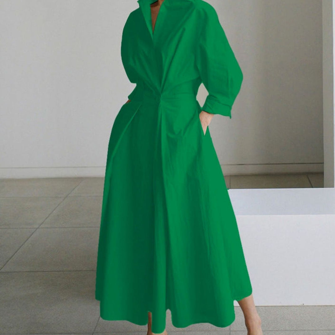 Women's Collared Maxi Shirt Dress Long Sleeve Wrap - Green