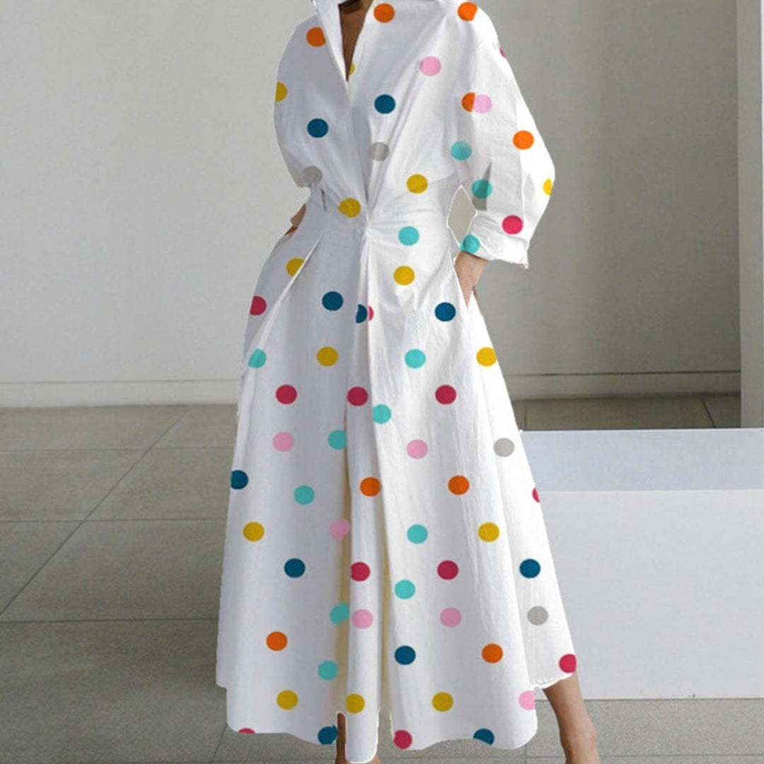 Women's Collared Maxi Shirt Dress Long Sleeve Wrap - Rainbow Polka Dot