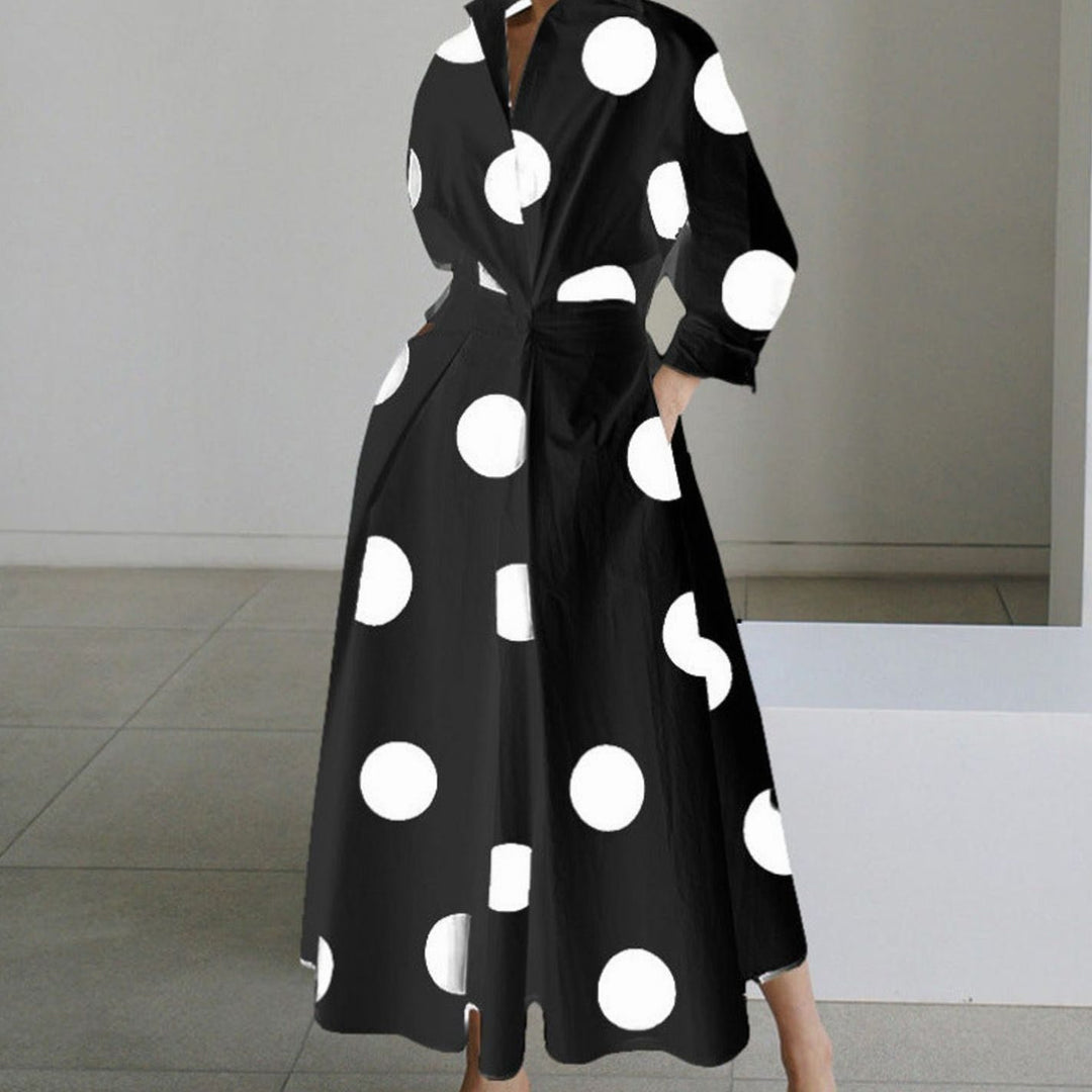 Women's Collared Maxi Shirt Dress Long Sleeve Wrap - Black Polka Dot