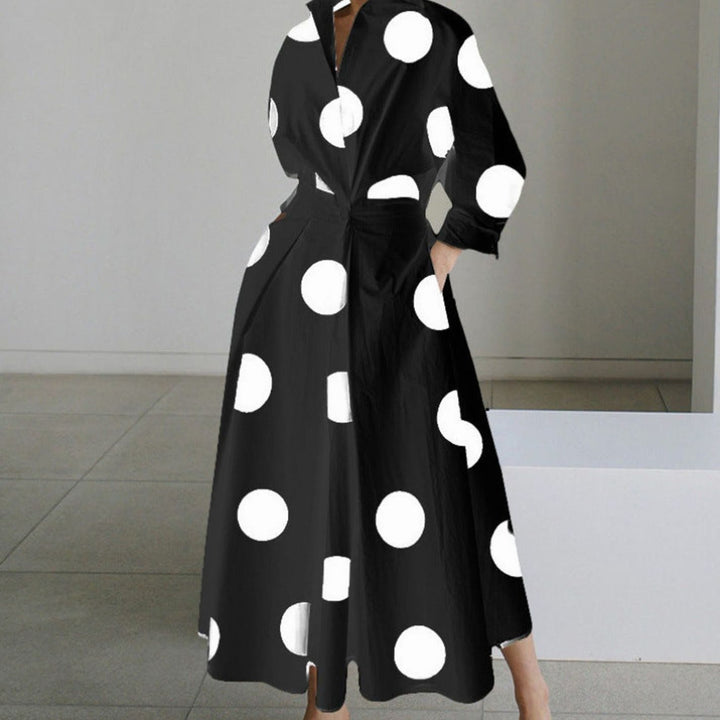 Women's Collared Maxi Shirt Dress Long Sleeve Wrap - Black Polka Dot