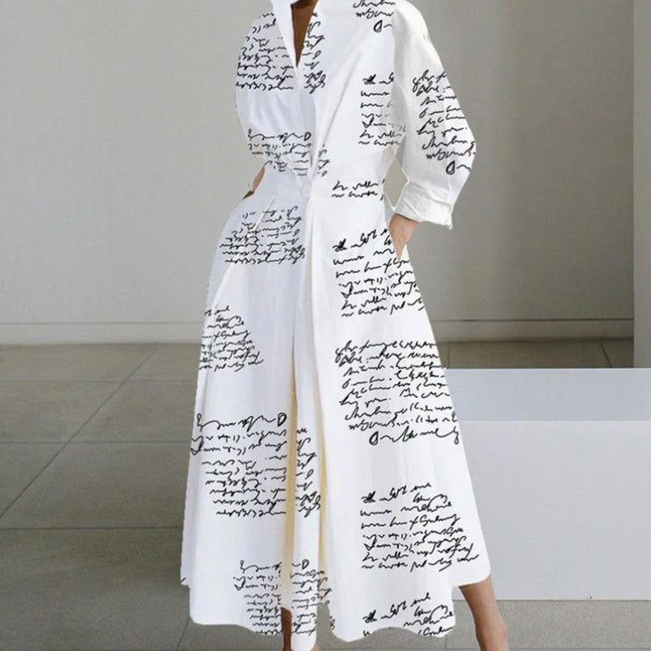 Women's Collared Maxi Shirt Dress Long Sleeve Wrap - White Letter Print